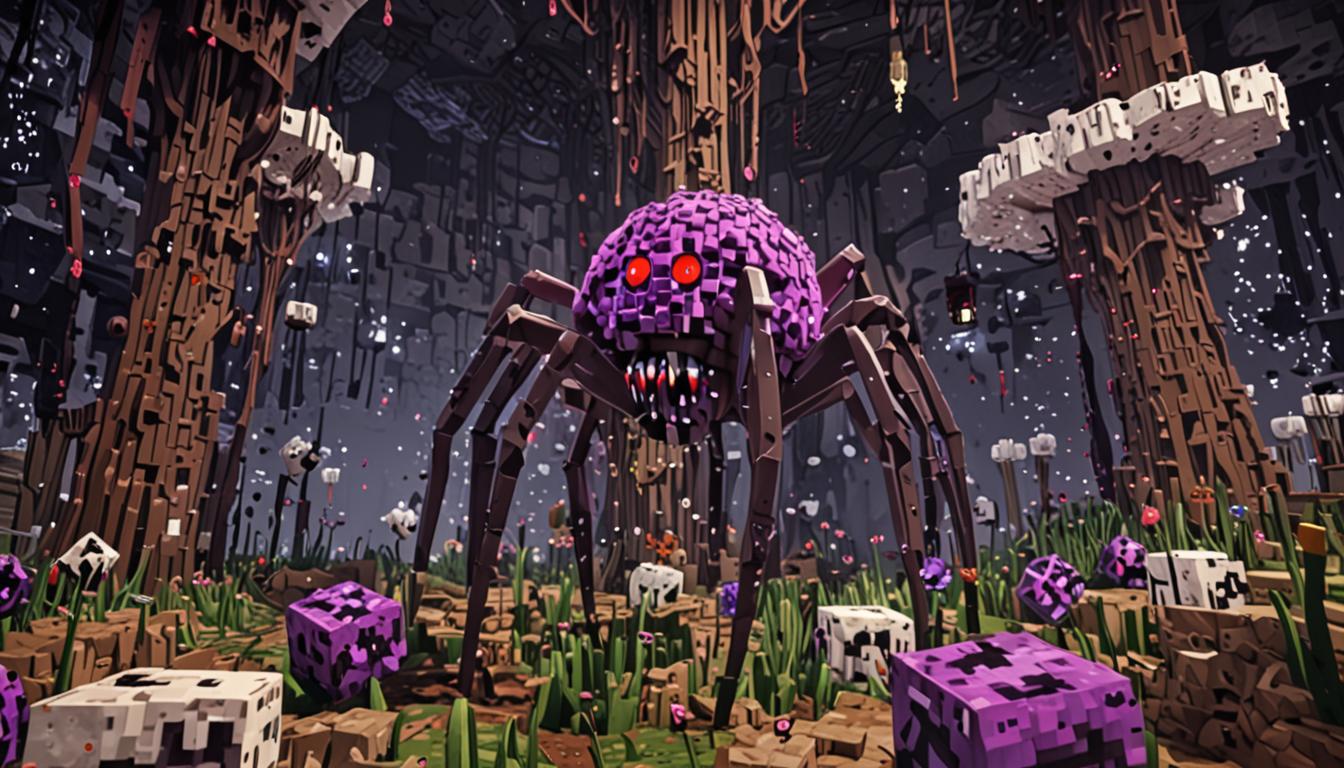 A menacing Minecraft cave spider queen looms large in a dark mushroom biome lair, her blocky, pixelated body covered in purple and black segments with glowing red cubic eyes. Massive sticky white cobweb blocks spread across a vast Minecraft Overworld landscape, covering multiple blocky villages with their distinctive wooden houses and hay bale roofs, the webs rendered in translucent white voxel strands that drape over buildings and trees. Trapped Minecraft villagers with their characteristic brown robes and large cubic heads are visible, some caught mid-motion in the sticky web blocks, their blocky arms outstretched. In the foreground, shattered glass potion bottles lie scattered on mossy cobblestone blocks, with lingering pixelated particle effects of purple and green swirling potion clouds. The mushroom lair features giant red and brown spotted mushroom blocks forming twisted structures, with more cobweb blocks filling every corner, creating an ominous atmosphere. The lighting is dim and foreboding, with small torch blocks providing flickering orange light that casts blocky shadows across the webbed terrain, while the sky above shows an eerie twilight with cubic clouds tinged in deep purples and grays, emphasizing the spreading corruption across the once-peaceful Overworld biomes.