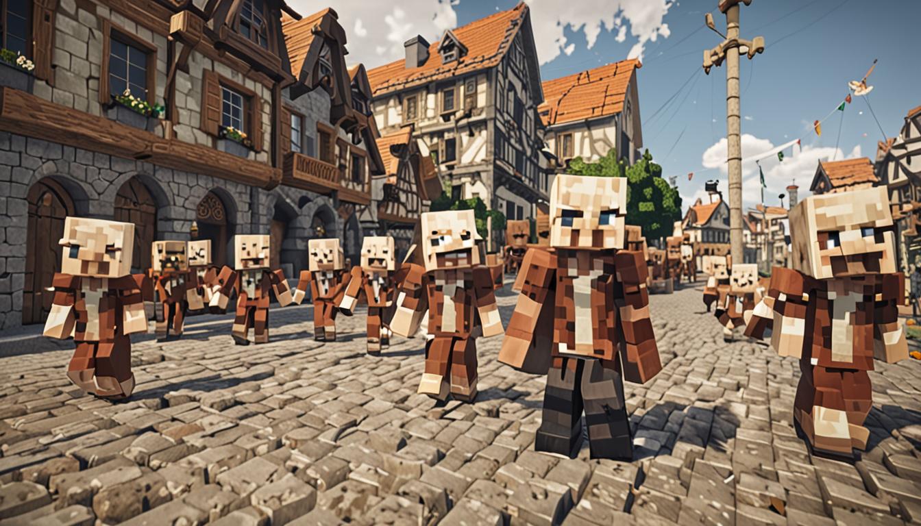A dramatic Minecraft village square scene rendered in blocky, pixelated style showing a panicked messenger character with cubic body parts and textured clothing, mouth open mid-shout, surrounded by concerned cubic villager NPCs with their characteristic long noses and brown robes. In the background, ominous white cobweb blocks drape across blocky village buildings made of oak planks and cobblestone. The central focus is the terrifying Spider Queen Webby Wanda - a massive blocky spider boss mob with eight angular, segmented legs made of dark pixelated textures, featuring six glowing red cubic eyes arranged on her blocky head, wearing an ornate crown crafted from bright yellow-gold diamond blocks with cyan diamond gems embedded in pixelated patterns. Smaller cave spider mobs with blue-tinted bodies and red eyes skitter around her legs. The ground shows pixelated grass blocks and dirt paths, with scattered diamond ore blocks and diamond items glinting in the lighting. Trapped villagers are visible wrapped in white cobweb block textures. The atmosphere is tense with dramatic shadow and lighting effects casting across the cubic architecture, storm clouds gathering in the blocky sky above, creating an ominous mood of invasion and danger in this Minecraft world.