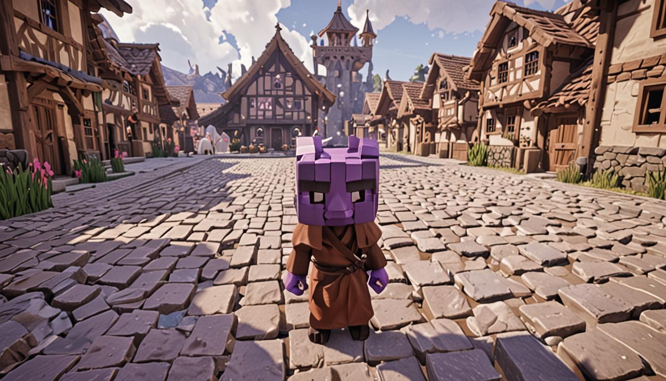 In the foreground, a terrified blocky villager character with brown robes and a distinctive large nose stands in a pixelated village setting with cubic wooden houses and cobblestone paths, but their eyes glow with an eerie purple Ender Dragon essence, suggesting something is wrong with their consciousness. In the background through a swirling purple End portal made of obsidian blocks and particle effects, the massive blocky Ender Dragon with its characteristic black scales and purple eyes hovers above pale yellow End stone pillars, but its expression shows confusion and fear rather than menace, with a thought bubble suggesting a villager's consciousness trapped within. Between these two scenes, two young Minecraft player characters stand in the village - one with brewing stand equipment and potion bottles nearby looking distressed with hands on their blocky head, while another character with a concerned expression grabs their arm urgently. The lighting creates a stark contrast between the warm orange torchlight of the village and the cold purple-tinted glow emanating from the End portal, with swirling particle effects and magical potion sparkles floating in the air suggesting a catastrophic magical mishap has occurred. The entire scene maintains Minecraft's signature cubic, low-resolution pixelated aesthetic with visible block textures on all surfaces.