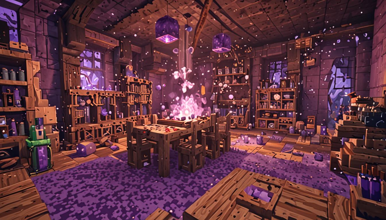 A Minecraft-style blocky workshop interior engulfed in a massive explosion of vibrant purple particle effects and smoke clouds, with pixelated glass potion bottles shattering mid-air and scattering across the cubic floor in fragmented pieces. The workshop features typical Minecraft crafting tables, brewing stands with bubble effects, and wooden shelves lined with colorful potion bottles, all now coated in thick layers of purple pixelated dust particles. Loose recipe book pages with Minecraft-style pixelated text and potion diagrams flutter through the air in various angles, their blocky paper texture catching the purple haze. A Minecraft character model representing Jolene stands to the left side of the scene, rendered in the game's signature blocky style with a coughing animation pose, surrounded by swirling purple smoke particles. The entire workshop space shows signs of chaos - overturned brewing stands, scattered ingredients like nether wart and blaze powder in their cubic item form, wooden planks and stone blocks making up the walls all covered in purple residue. The lighting creates an eerie purple glow throughout the scene, with particle effects similar to Minecraft's splash potion impact animation filling the air. Shattered glass fragments from potion bottles lie scattered on the oak wood plank floor, each piece maintaining the pixelated, low-resolution aesthetic of Minecraft items. The atmosphere conveys the immediate aftermath of a potion experiment gone catastrophically wrong, with purple smoke clouds still dissipating and revealing the purple-dusted destruction beneath.