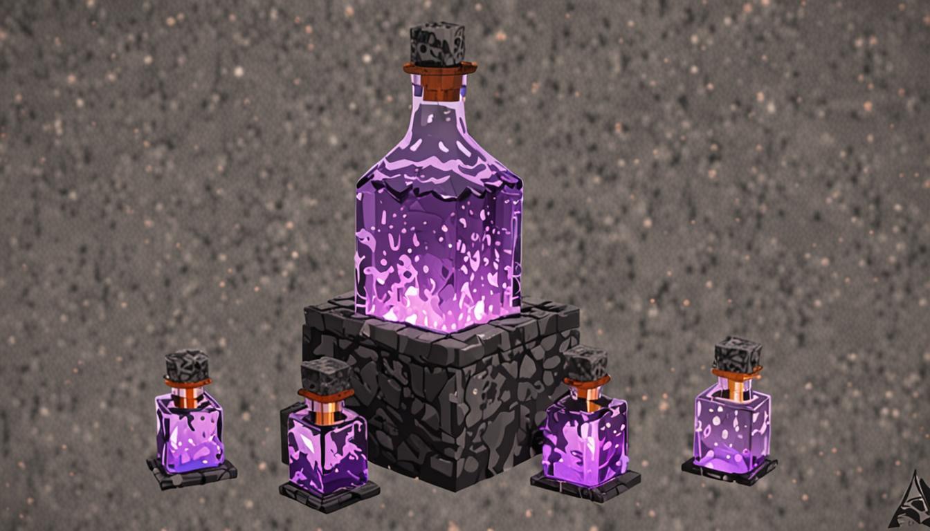 A Minecraft brewing stand crafted from dark gray cobblestone blocks sits center frame, with three glass bottle slots visible in its pixelated structure. A dragon's breath bottle, rendered in vibrant purple glass with swirling particle effects, is tipped at a dramatic angle, pouring its glowing contents into a splash potion bottle below. The brewing stand is engulfed in thick, billowing purple smoke made of chunky, blocky particle effects that rise and spread throughout the scene. The central potion bottle is actively bubbling with exaggerated Minecraft-style bubble particles floating upward, while the liquid inside rapidly shifts between bright purple, lime green, and flashing rainbow colors - red, orange, yellow, green, blue, and violet in quick succession. The potion emits an intense glow that illuminates the surrounding brewing stand with pulsating, multicolored light. In the background, slightly out of focus, stands a Minecraft character named Jolene with the classic blocky player model, frozen mid-bounce with bent knees, her pixelated face showing concern. The entire scene has the signature low-resolution, voxel-based aesthetic of Minecraft, with sharp edges and cube-based geometry. Small gurgling sound effect particles and motion lines in blocky form emanate from the violently reacting potion mixture. The lighting creates dramatic shadows on the ground beneath the brewing stand, with the rainbow light casting shifting colored squares on the nearby blocks. The atmosphere is tense and magical, capturing the moment of an alchemical accident in the distinctive Minecraft visual style, with every element - from the glass bottles to the smoke particles - maintaining the game's characteristic pixelated, cubic appearance.
