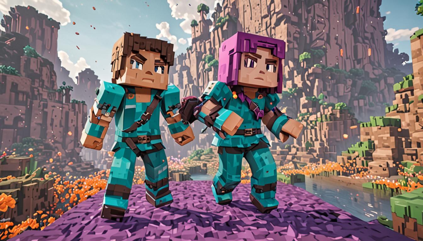 A dramatic Minecraft scene showing two blocky player characters in an intense moment - one character named Avery appearing worried with concerned pixel eyes and distinctive clothing, while the other character Jolene is captured mid-bounce with an enthusiastic expression, wearing bright colorful armor or outfit. The setting features End dimension elements with floating purple-tinted End stone islands, swirling portal particles in shades of teal and purple, and an ominous dark sky filled with stars and End gateway blocks. Between the two characters, mystical swirling particle effects in green and purple suggest reality-warping magic or a dimensional swap occurring. The foreground shows cracked obsidian blocks and End crystal fragments scattered on the ground, indicating something has gone wrong. Glowing enchantment particles float around both characters, with Jolene's particles showing upward momentum trails from her bouncing motion. The lighting creates dramatic shadows with purple ambient glow from nearby End portal frames, while distant End cities with their characteristic purpur block towers loom in the misty background. Both characters have the classic Minecraft blocky proportions with pixelated textures, cube-shaped heads, and rectangular limbs, standing on a platform of mixed End stone and obsidian blocks that shows cracks spreading outward in a web pattern, symbolizing the urgency of their time-sensitive mission.