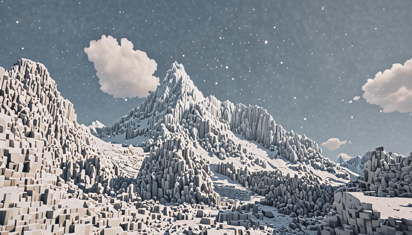 A Minecraft-style snowy mountain biome scene rendered in blocky, pixelated aesthetic, featuring towering white cubic snow blocks and ice formations stretching toward a darkening sky. The mountain peak is constructed from layered white and light blue blocks with sharp geometric edges, while gentle snowfall particles drift downward as small white cubic specks. A Minecraft polar bear character sits regally upon an elaborate throne crafted entirely from translucent light-blue ice blocks, each block reflecting the fading orange and pink sunset light with a crystalline sheen. Small cubic footprints trail through the pristine white snow blocks leading up to the summit, creating a dotted path pattern in the powdery surface. The Minecraft player character wears blocky diamond or iron armor with visible glove pieces, their square hands showing frost effects. A companion character named Jolene, rendered in typical Minecraft blocky player model style, stands nearby with a cheerful pose. The sunset bathes the scene in warm orange and pink gradient lighting that contrasts beautifully with the cold blue-white snow blocks, creating dramatic shadows across the geometric mountain faces. Ice spikes and frozen structures jut from the mountainside in angular formations. The sky transitions from deep blue at the zenith to vibrant orange near the horizon, with cubic clouds scattered throughout. Evergreen spruce trees dot the lower slopes as dark green blocky shapes. The entire scene maintains strict Minecraft voxel geometry with no curves, only right angles and cubic forms, capturing the peaceful yet majestic atmosphere of reaching a frozen summit at dusk in this adventure.
