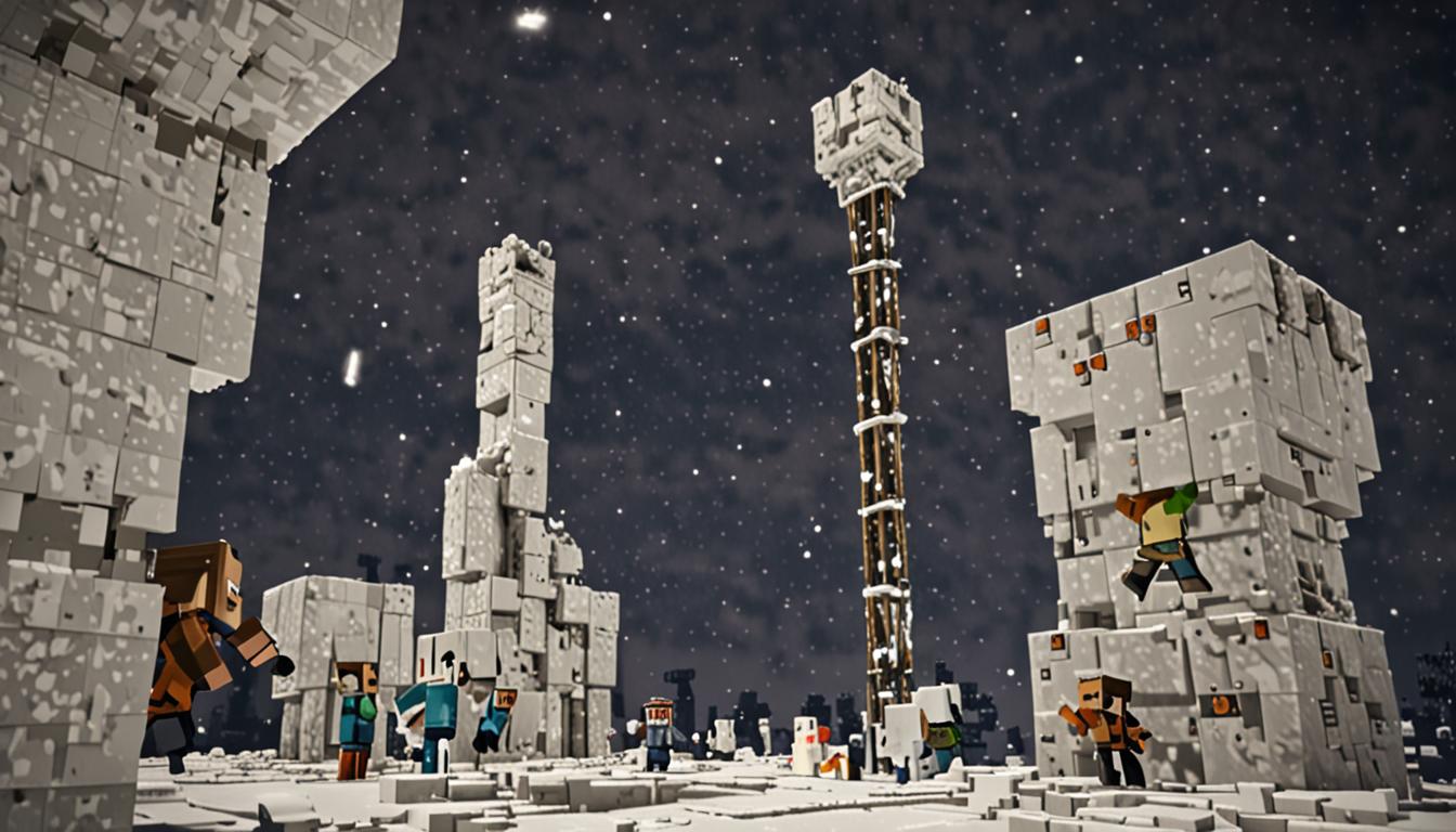 A dramatic Minecraft nighttime scene showing two blocky, pixelated player characters frantically building a tall tower made of white, cubic snow blocks against a dark sky. The first character stands at ground level placing snow blocks with outstretched blocky arms, while the second character bounces mid-air above the growing structure, adding more snow blocks to the top. The tower stretches impressively high into the starry night sky, made entirely of stacked white snow blocks with their characteristic icy texture and subtle blue tinting. A large, bright pixelated moon hangs prominently in the upper portion of the dark blue-black sky, casting pale light across the scene. The characters display signs of exhaustion through their posture, with the ground-level character's blocky arms extended in a tired manner. Scattered loose snow blocks lie on the grassy ground around the tower's base. The atmosphere conveys urgency and determination, with the moonlight creating dramatic shadows on the snow tower's blocky surfaces. Stars twinkle in the Minecraft-style cubic pattern across the night sky, emphasizing the late hour and time pressure of their challenge.