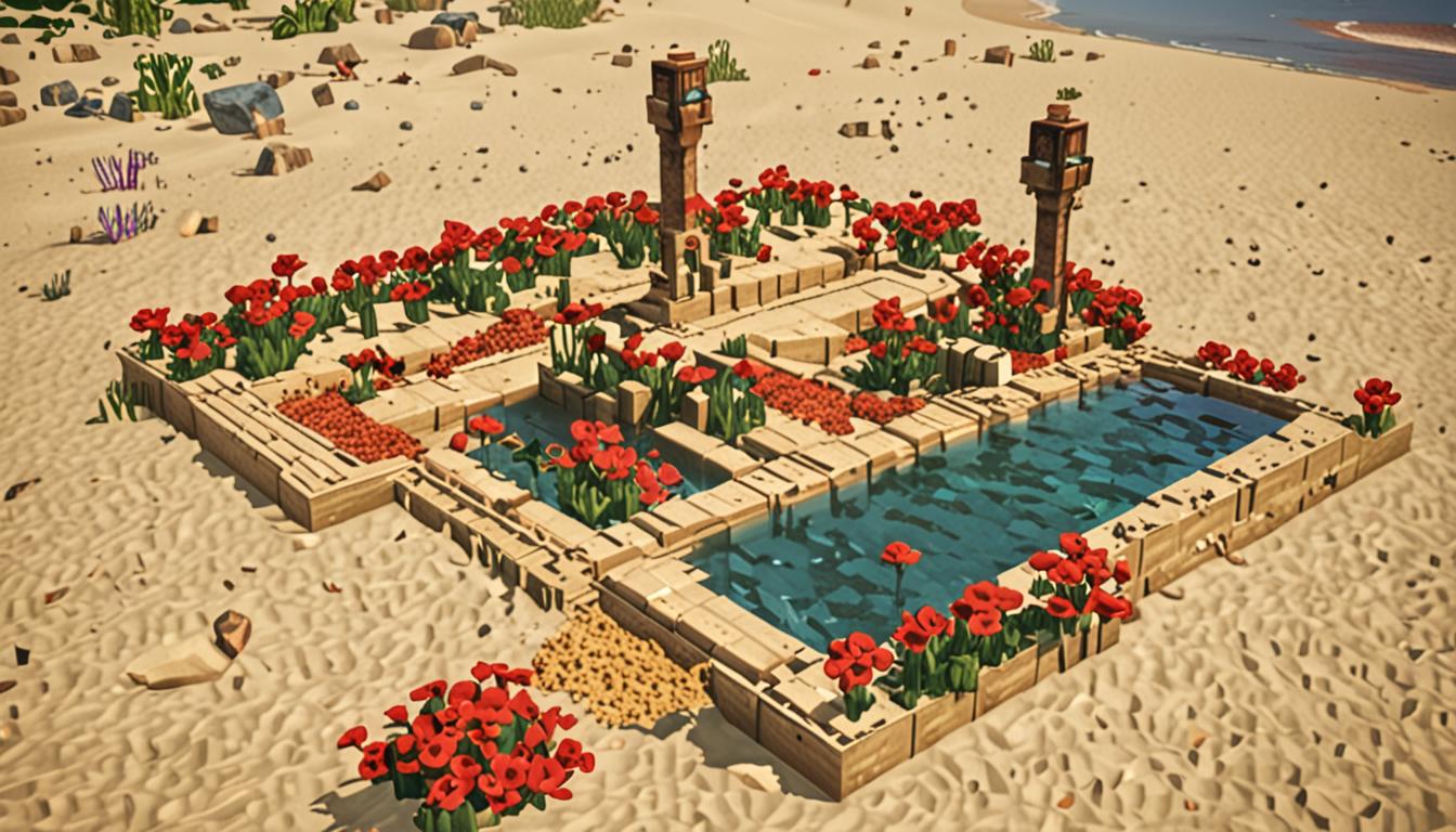 A Minecraft desert biome scene featuring a small blocky oasis with pixelated water blocks surrounded by sand blocks, where vibrant red pixelated flowers (resembling Minecraft poppies or roses) grow near the water's edge. The scene shows two blocky Minecraft player characters, one presumably Jolene, running across cubic sand blocks toward the oasis, with their characteristic square heads and pixelated bodies. The hot desert atmosphere is conveyed through bright, warm lighting with yellow and orange tones illuminating the sandy terrain. In the foreground, blocky red flowers with green cubic stems stand out against the turquoise water blocks of the oasis, their petals rendered in the distinctive Minecraft pixelated style. The background shows endless rolling sand dunes made of sand blocks stretching to the horizon under a bright sky. One character is shown carefully holding or collecting the red flowers, with approximately five blocky flowers visible near the water. The oasis features a few green grass blocks around its perimeter where the flowers grow, creating a stark contrast against the surrounding golden desert sand blocks. The entire scene maintains Minecraft's signature cubic, voxel-based aesthetic with sharp edges and pixelated textures throughout, capturing the moment of discovery and flower collection in this desert oasis setting.
