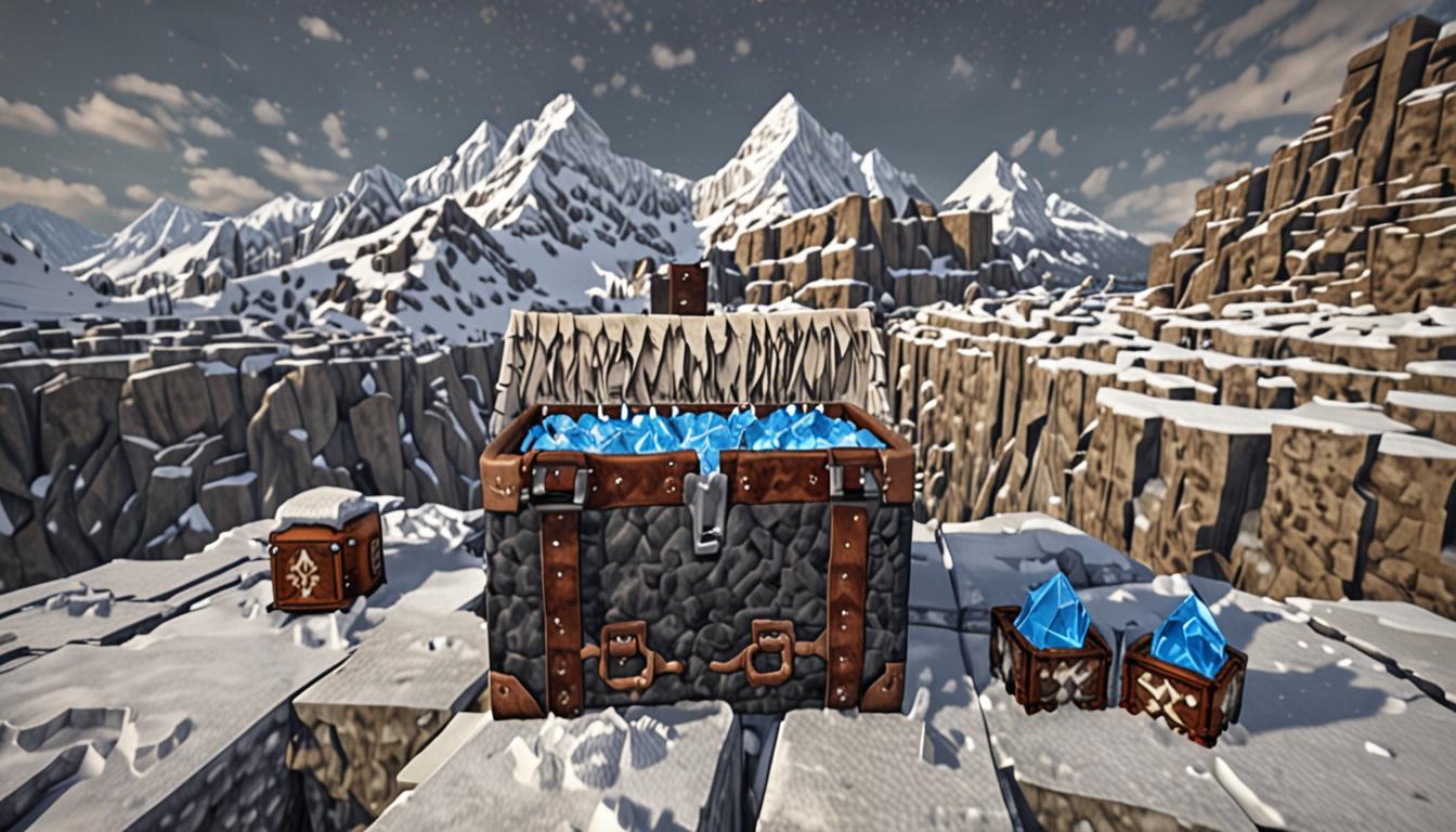 A Minecraft-style blocky scene showing a glowing blue crystalline shard wrapped in white pixelated wool blocks inside an open brown leather potion bag with cubic compartments. The bag sits on a rocky mountain ledge made of gray stone blocks and gravel, with steep angular cliffs descending below. In the background, a massive pixelated mountain range with snow-capped peaks and dark stone faces stretches across the horizon under a gradient sky transitioning from orange sunset to deep purple. Two blocky Minecraft player characters with cubic heads and bodies are carefully climbing down the mountainside, gripping onto stone blocks and ladders. The blue shard emits a soft cyan glow that illuminates the surrounding wool and bag interior with particle effects. The scene conveys urgency with dramatic lighting - long shadows cast by the setting sun across the blocky terrain. Small cubic details include scattered gravel blocks, stone steps carved into the mountain, and a faint purple particle trail suggesting magical energy from the shard. The atmosphere is tense yet triumphant, with the vibrant blue of the shard contrasting against the earthy browns and grays of the mountain environment, all rendered in classic Minecraft's distinctive voxel-based, low-resolution pixelated aesthetic.