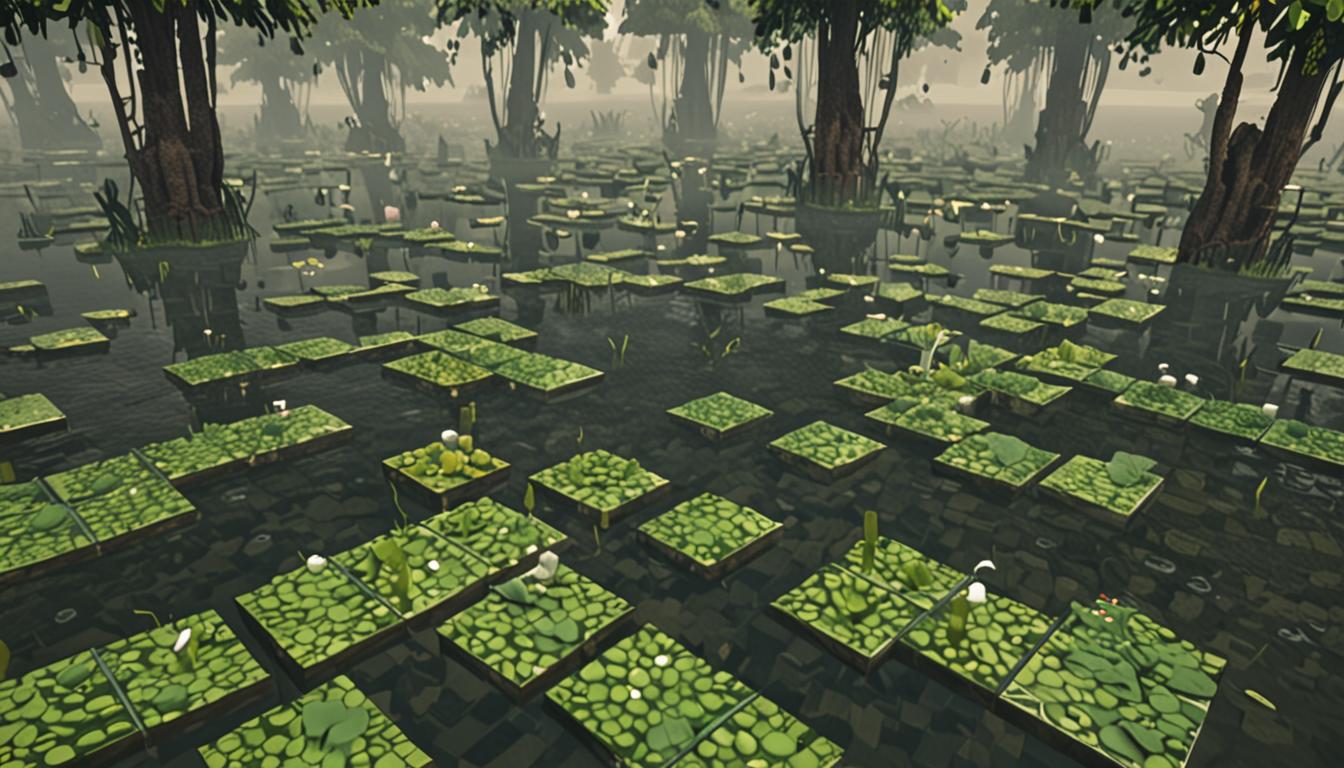 A dimly lit Minecraft swamp biome rendered in classic blocky, pixelated style with dark oak trees draped in hanging vine blocks creating shadows across the murky green-tinted water blocks. Bright green lily pad blocks float on the water surface in scattered clusters, their flat square shapes creating natural stepping stones across the swampy terrain. In the misty background, a small weathered witch hut structure built from dark oak planks and spruce wood sits elevated on stilts above the water, its blocky silhouette barely visible through the atmospheric fog. The foreground shows mossy cobblestone and dirt block stepping stones partially submerged in the greenish water, with slime blocks giving off a faint luminescent glow beneath the surface. Mushroom blocks in brown and red dot the landscape, while the overall lighting is moody and atmospheric with filtered greenish ambient light cutting through the dense canopy of blocky oak leaves above. The scene captures the eerie, mysterious atmosphere of searching for a hidden artifact, with the pixelated textures of bark, water, and foliage all maintaining the signature Minecraft cubic aesthetic, while particles of water drips and ambient swamp mist add depth to the dangerous, treasure-hunting environment.