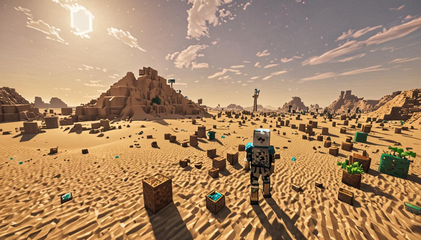 A vast Minecraft desert biome stretches endlessly under a bright, harsh sun in a blocky sky, with countless pixelated sand blocks creating rolling dunes that extend to the horizon. In the foreground, a Minecraft player character wearing diamond armor has visible sand particles clinging to their blocky boots, while beside them, a slime mob named Jolene bounces energetically, creating cubic clouds of sand particles with each jump that disperse in blocky formations. The desert landscape shows the stark contrast to distant snowy mountain biomes barely visible on the far horizon, with white snow-capped peaks made of snow blocks and stone. Dominating the middle ground rises an imposing Minecraft desert temple structure, constructed entirely of orange and cream-colored sandstone blocks in a pyramidal shape, featuring the characteristic geometric patterns and hieroglyphic-style decorations on its walls. The temple's iconic orange terracotta blocks accent its entrance, while the structure casts long, angular shadows across the pixelated sand dunes. The sun, rendered as a bright square in the sky, creates intense lighting that makes the sandstone blocks glow warmly, with heat wave distortion effects suggested by slight pixelated shimmer lines rising from the hot sand blocks. Small dead bush blocks and the occasional cactus dot the desert landscape, their blocky forms creating sparse vegetation. The entire scene captures the harsh, unforgiving nature of the Minecraft desert biome with its distinctive cubic aesthetic, showing the journey's difficulty through environmental details like sand particle effects and the intense, warm color palette of oranges, yellows, and bright blues.