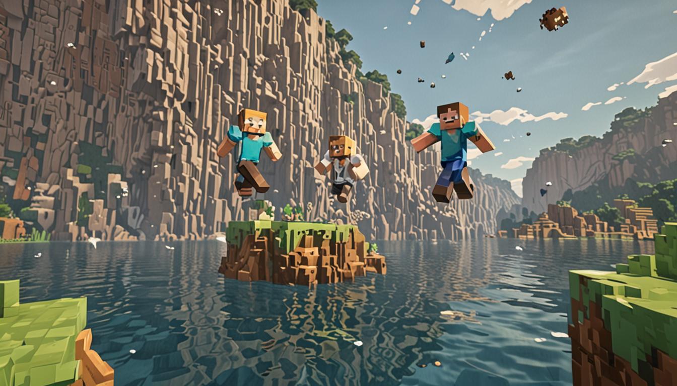 A dramatic Minecraft scene showing two blocky, pixelated player characters colliding mid-air above a vast cubic lake. The first character, Jolene, has her blocky arm extended pointing forward, her square body tilted at an angle showing extreme excitement and momentum from an overly high bounce. The second character is being knocked sideways, with their cubic limbs flailing in multiple directions as they tumble together. Both characters have their rectangular arms and legs tangled in an awkward collision, captured in the split-second before impact. Below them, a massive pixelated lake stretches across the landscape, its surface made of flat, reflective blue water blocks that shimmer with Minecraft's characteristic blocky water texture. Large white cubic splash particles and water droplets are beginning to explode upward from where the characters are about to hit the surface. The scene captures the chaotic moment of the fall, with motion lines suggested by the positioning of the blocky figures. The background shows distant pixelated terrain with blocky hills and cubic trees rendered in Minecraft's signature voxel style. The lighting suggests daylight with bright, saturated colors typical of Minecraft's vibrant aesthetic. The water blocks below show the characteristic animated texture pattern of Minecraft water, with darker blue depths visible beneath the surface layer. Small white foam particles are already forming where the impact is occurring, creating a dynamic sense of the "GIANT SPLASH" mentioned in the story.