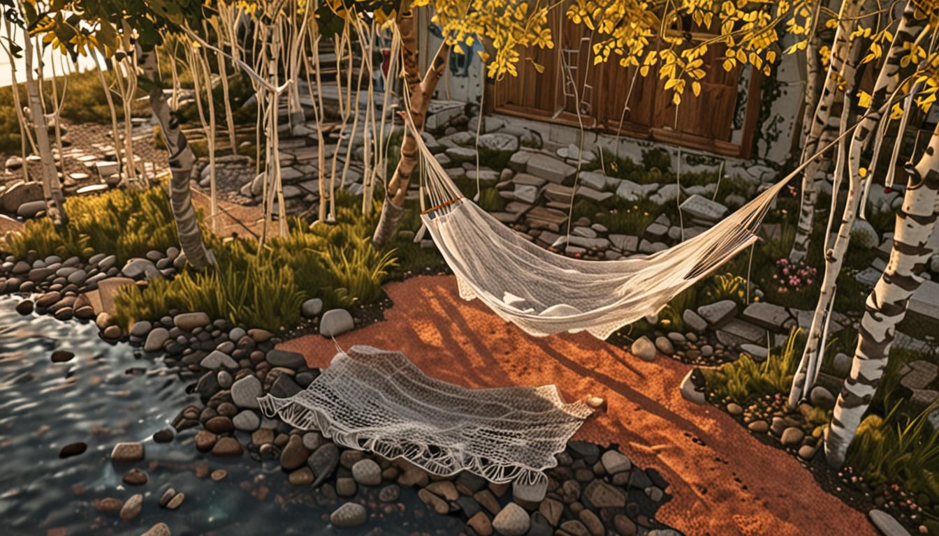 a suspended hammock made of white web strings between birch trees, a fishing net draped over the edge of a pixelated ocean biome with cubic water blocks, and a safety net stretched below a tall cobblestone structure. The scene is set in a village environment with blocky grass blocks, dirt paths, and wooden houses with pixelated textures. Warm sunset lighting casts orange and pink hues across the cubic landscape, creating long shadows from the blocky structures. Small particle effects float around the spider web constructions, suggesting magical crafting energy. The atmosphere conveys a moment of realization and transformation, with the spider character appearing friendly and eager, positioned in the foreground with villagers showing interest in the innovative web-based tools and structures around them.