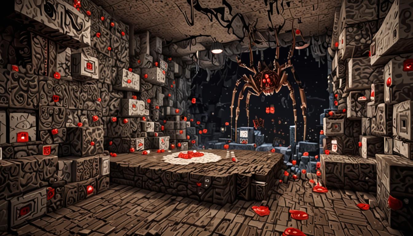 A dark, ominous Minecraft cave interior with blocky stone walls and dim lighting, featuring massive pixelated cave spiders with glowing red cubic eyes surrounding two trapped characters completely wrapped in thick, white blocky cobweb blocks. In the center, an imposing spider boss named Webby Wanda sits atop an elaborate throne constructed from interconnected cobweb blocks and dark oak wood blocks, her eight blocky legs spread wide in a victorious pose. The spider queen has a distinctive crown-like pattern on her cubic head and appears larger than the other cave spiders, with a menacing pixelated expression. One wrapped character lies on the ground near scattered cobweb blocks, appearing to be sleeping, while another character named Jolene is suspended in webs closer to a glowing golden totem item that emanates yellow particle effects. The totem sits on a stone pedestal made of chiseled stone bricks, just out of reach of the webbed prisoners. The cave atmosphere is filled with hanging cobweb blocks from the ceiling, creating an eerie spider's lair aesthetic with shadows cast by flickering torch light mounted on the stone walls. Small cave spider minions lurk in the darker corners of the cavern, their red eyes glowing menacingly. The entire scene maintains Minecraft's signature blocky, voxel-based art style with pixelated textures on every surface, from the rough stone blocks to the stringy white web blocks to the characters' cubic forms.