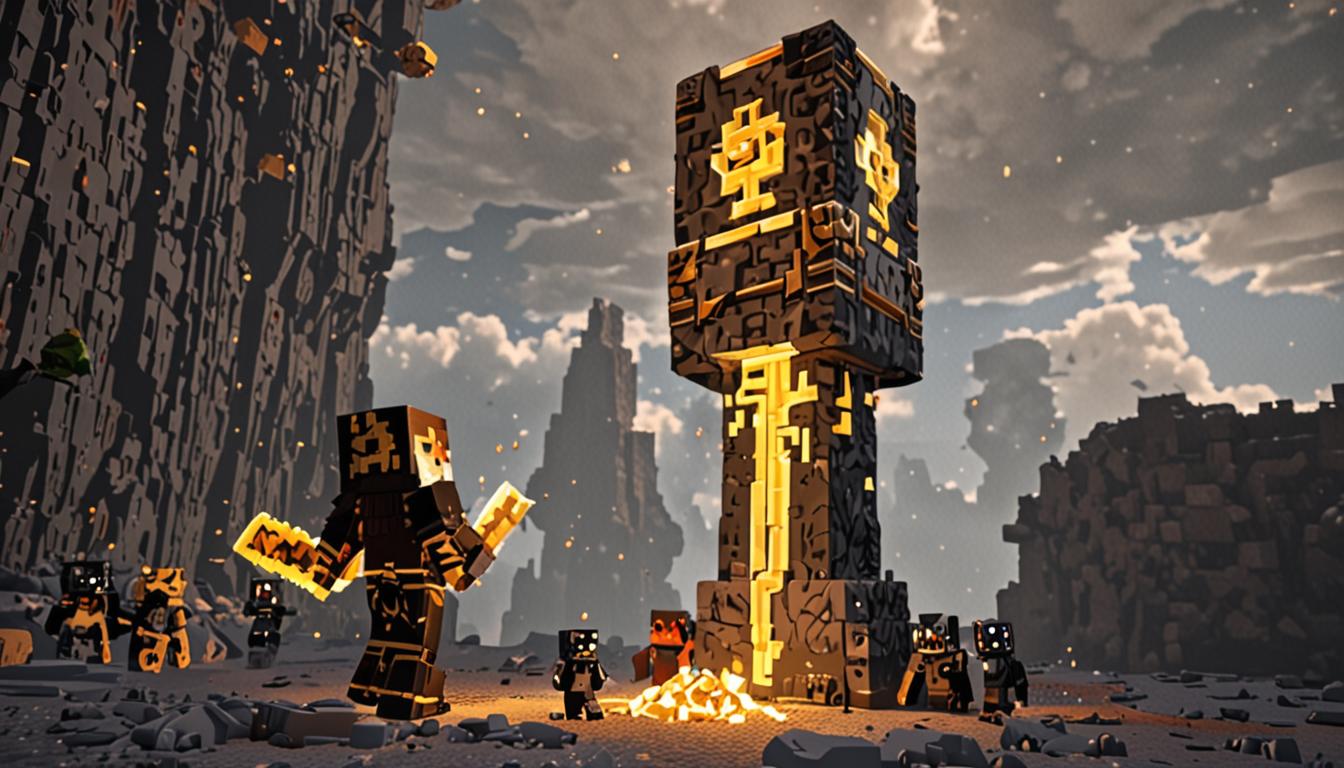 A Minecraft player character with blocky, pixelated features holds a glowing Netherite totem high in the air, the totem crafted from dark grey and black Netherite blocks with intricate golden enchantment particles swirling around it. The totem emits brilliant golden light rays that illuminate a dark cave environment, with the light creating dramatic shadows on the surrounding stone blocks. Thick clouds of purple pixelated dust particles float through the air in a wave-like pattern, drifting toward a group of cave spiders in the background. The cave spiders are rendered in Minecraft's distinctive blocky style with bright red eyes that are half-closed and droopy, their cubic bodies in various states of sitting and lying down positions. The spiders have the characteristic blue-tinted bodies of cave spiders with visible pixel patterns. The cave setting features rough cobblestone and stone block walls with mossy patches, dimly lit except for the radiant golden glow emanating from the magical totem. Musical note particles in blocky Minecraft style float in the air around the totem, suggesting the peaceful lullaby mentioned. The overall atmosphere combines the danger of a spider-filled cave with the magical, drowsy effect of the enchanted totem, with purple sleep particles creating a dreamy, mystical haze throughout the scene. The lighting contrasts sharply between the warm golden glow of the totem and the cool, dark blues and greys of the cave environment.