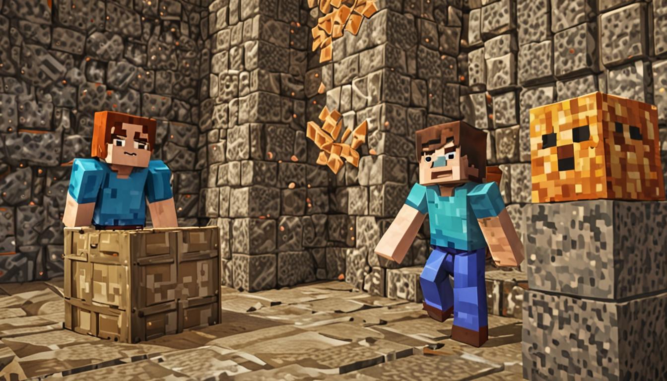 A dramatic Minecraft-style confrontation scene featuring two blocky, pixelated characters in a tense standoff. The main character Avery, a blocky Minecraft player character with a determined expression rendered in cubic pixels, emerges from behind large stone blocks and wooden crates that served as a hiding spot. Facing Avery is Webby Wanda, a menacing spider-hybrid character with a blocky humanoid upper body merged with spider features, most notably six glowing cubic eyes arranged across her pixelated face, all fixed on Avery with an intimidating stare. Her expression shows a cruel, angular smile rendered in the characteristic Minecraft blocky style. Behind Webby Wanda stands an army of Minecraft cave spiders, their segmented blocky bodies in dark blue and black pixels, red cubic eyes glowing menacingly, arranged in threatening rows. The scene is set in a dimly lit underground cavern with rough stone block walls, cobblestone textures, and dramatic lighting casting sharp shadows across the pixelated environment. Potion bottles with colorful swirling liquids sit on nearby brewing stands, their glass rendered in translucent cubic blocks. The atmosphere is tense and foreboding, with purple and blue particle effects floating in the air, suggesting magical energy and danger. The lighting creates a spotlight effect on both characters, emphasizing the confrontational moment, while the spider army lurks in the darker background with their eyes creating an eerie glow pattern across the cavern.