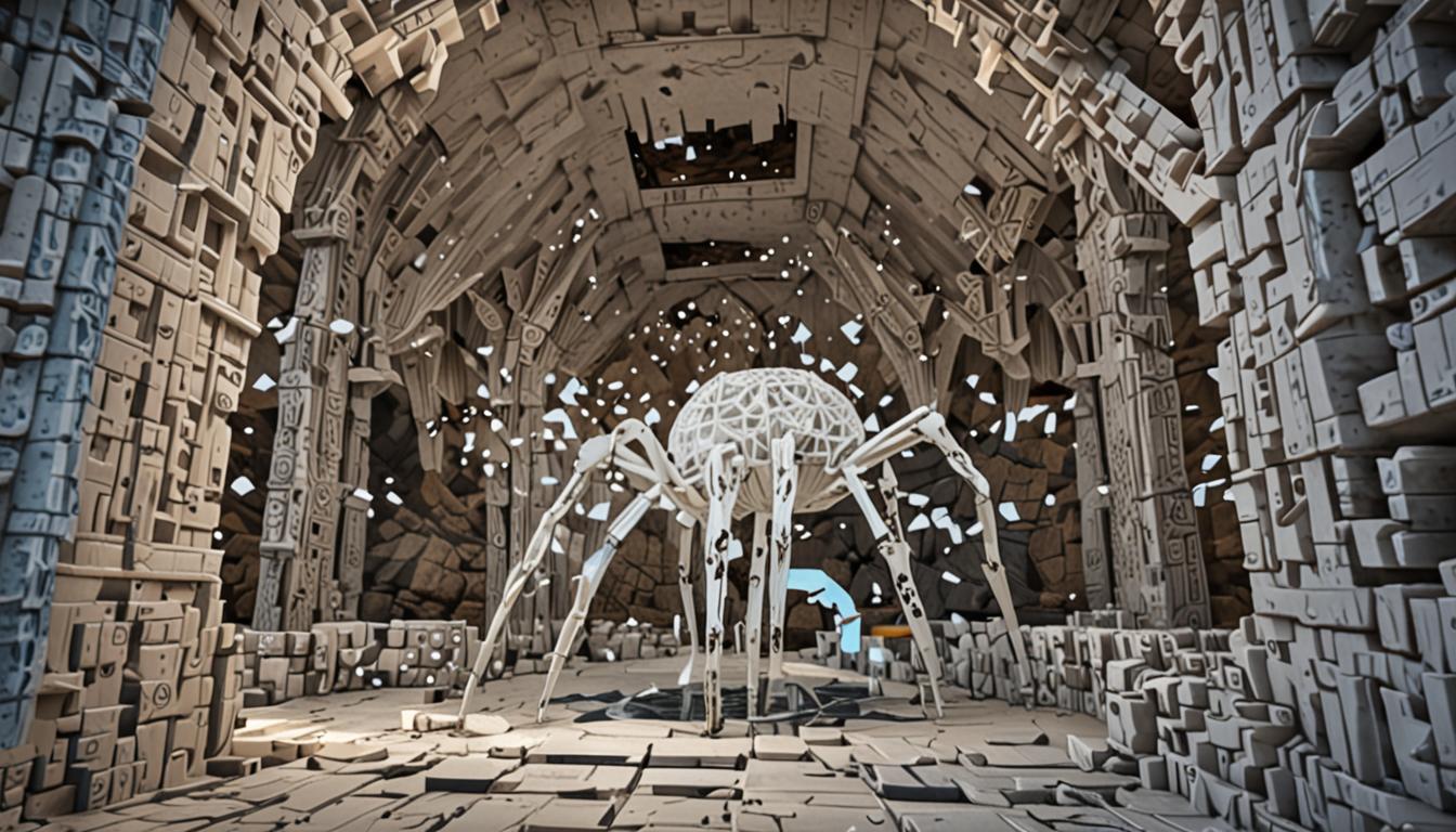 A massive Minecraft-style spider nest dominates the center of a dark cave biome, constructed entirely of thick, blocky white cobweb blocks woven together into an enormous dome structure with pixelated geometric patterns. The dome's surface features intricate lattice-work of intersecting web blocks creating a menacing architectural marvel. Multiple small cave spiders with their distinctive blue-tinted blocky bodies and bright red pixelated eyes crawl across the web structure's exterior, their cubic forms casting angular shadows. From the curved ceiling of the web dome, several white cocoon-shaped structures made of densely packed cobweb blocks hang suspended, each containing the blocky silhouette of trapped Minecraft villagers visible through translucent webbing. The villagers' characteristic large cubic heads and brown-robed bodies are partially visible, their pixelated faces showing concerned expressions with furrowed blocky eyebrows. The biome floor is covered in dark stone blocks and patches of cobweb, with dim lighting creating an ominous atmosphere. Purple and blue ambient lighting from the cave environment reflects off the white webs, creating an eerie glow throughout the scene. Small particles of dust float in the blocky air, and the entire composition maintains Minecraft's signature low-resolution, voxel-based aesthetic with sharp edges and distinct cubic forms.
