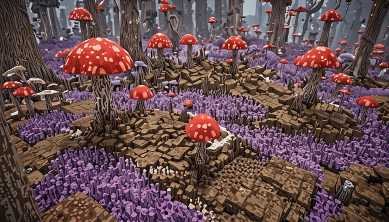 A Minecraft mushroom biome scene dominated by massive blocky red and brown mushrooms with their distinctive flat, pixelated caps towering above the landscape. The ground is textured entirely with purple-grey mycelium blocks in their characteristic Minecraft blocky pattern. Thick, white pixelated spider webs are draped extensively across the entire scene, creating a menacing atmosphere - webs stretch between the giant mushroom stems, hang in stringy blocky strands from the oversized mushroom caps, and form large net-like structures suspended in the air that appear ready to trap anything passing through. The webs have Minecraft's distinctive white, semi-transparent blocky texture, covering pathways and creating barriers between the mushrooms. The lighting suggests an ominous mood with shadows cast by the giant mushrooms and web structures. The mushroom caps show Minecraft's typical red with white spots texture on some, and brown textured blocks on others, all in the game's signature cubic, low-resolution style. The scene conveys a sense of danger and entrapment, with the spider webs being the dominant feature that transforms this normally peaceful biome into a threatening lair-like environment.