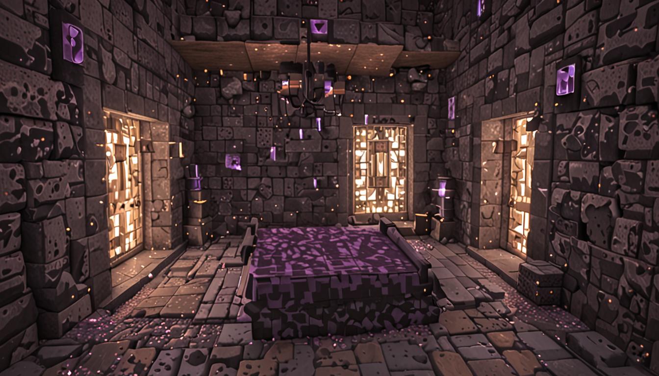 A dimly lit ancient Minecraft temple interior with blocky stone brick walls and dusty cobblestone floors, featuring a mystical Netherite Naptime Totem as the centerpiece. The totem is crafted in classic Minecraft blocky style, shaped like a miniature bed constructed from dark, metallic netherite blocks with deep charcoal-gray and subtle purple shimmer textures. Swirling particles of bright purple pixelated dust float and spiral around the totem in animated wisps, creating a magical sleepy atmosphere. Tiny cubic white sheep with black pixel faces bounce in slow-motion arcs over the totem's bed frame, their blocky bodies casting soft shadows. The temple room has weathered stone walls covered in moss blocks and cracked stone bricks, with dim torch lighting creating warm orange glows that contrast with the purple magical particles. Dust motes rendered as small square particles drift through volumetric light rays piercing through gaps in the ancient structure. The totem sits on a raised platform of polished blackstone blocks, surrounded by ancient debris blocks and scattered netherite scraps. A Minecraft player character's blocky hand reaches toward the totem, with a leather potion bag visible on their pixelated belt, featuring the characteristic brown cubic texture. The overall scene has a mysterious, enchanted atmosphere with purple and orange lighting blending together, creating dramatic shadows across the blocky geometric surfaces. Cobwebs stretch across corners of the dusty chamber, and the floor shows cracks with small vegetation blocks growing through. The composition emphasizes the glowing purple magical energy emanating from the netherite bed totem while maintaining the signature Minecraft low-poly, voxel-based aesthetic throughout every element.