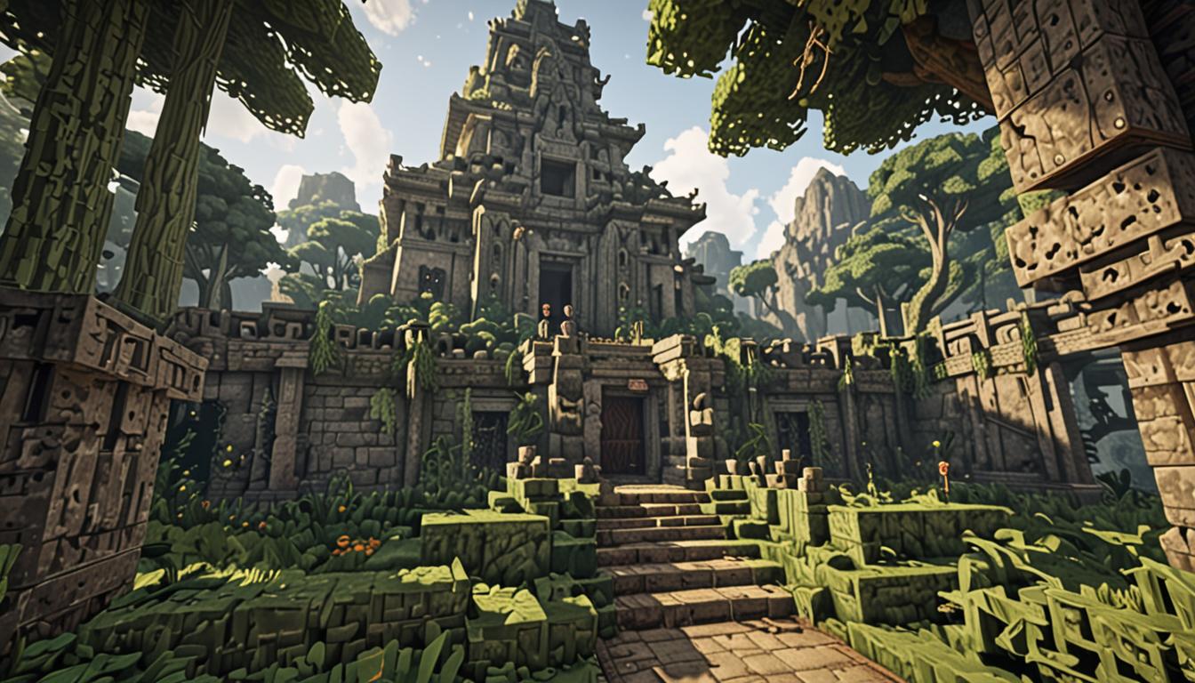 A Minecraft-style jungle biome scene featuring a massive ancient temple structure built from mossy cobblestone and stone brick blocks, heavily overgrown with pixelated vine blocks cascading down its weathered walls. The temple's blocky architecture rises prominently in the background with distinct stone stair blocks leading up to a dark entrance portal. Dense jungle surrounds the structure with towering oak and jungle wood tree blocks reaching high into a hazy sky, their square canopies filled with bright green leaf blocks. Colorful blocky parrots in red, blue, and green pixel art style perch on branches and flutter between trees. Thick vines hang from every surface in characteristic Minecraft vertical strips, some dangling freely while others cling to the temple's moss-covered stone blocks. The forest floor is covered in grass blocks with scattered fern and tall grass decorative blocks. Dappled lighting filters through the dense canopy creating dramatic shadows and bright spots on the ancient structure. The atmosphere is humid and mysterious with a slight green tint to the lighting suggesting dense foliage overhead. Small details include cracked stone brick blocks, mossy cobblestone texture blocks, and the characteristic Minecraft block-based construction style throughout. The temple features distinct layers of stone stairs ascending to the entrance, with some blocks appearing damaged or missing to show age. The overall composition emphasizes the scale of the ancient structure against the towering jungle trees, all rendered in Minecraft's signature blocky, pixelated aesthetic with sharp edges and cubic forms.