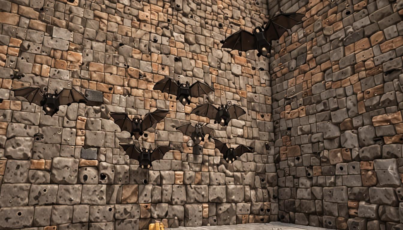 A Minecraft-style blocky scene featuring a friendly bat mob with distinctly pixelated tiny cubic wings and oversized rectangular ears hovering in mid-air, rendered in the characteristic blocky Minecraft aesthetic with dark brown and gray cubic textures. The bat, named Bella, displays a friendly expression with simple pixelated facial features. Behind the bat, a large stone brick wall dominates the scene, completely covered with an intricate arrangement of at least twenty red stone buttons and ten iron levers, all rendered in perfect Minecraft blocky style with their characteristic cubic shapes and metallic textures. The buttons appear as small protruding squares in various colors including stone gray and wooden brown, while the levers stick out at different angles showing their distinctive Minecraft switch design. A mysterious iron door or dark oak door is partially visible, integrated into the stone wall, suggesting the secret entrance mentioned. In the corner or nearby, a glowing purple shard item floats with an enchanted shimmer effect, rendered as a jagged crystalline blocky object with bright magenta and violet pixelated particles emanating from it. The entire scene is lit with warm torch light creating dramatic shadows on the textured stone blocks, with the purple shard casting an ethereal violet glow across the puzzle wall. The environment suggests an underground chamber or cave setting with cobblestone and stone brick blocks forming the walls and floor, maintaining the classic Minecraft dungeon atmosphere with its characteristic pixelated, cubic construction throughout every element.