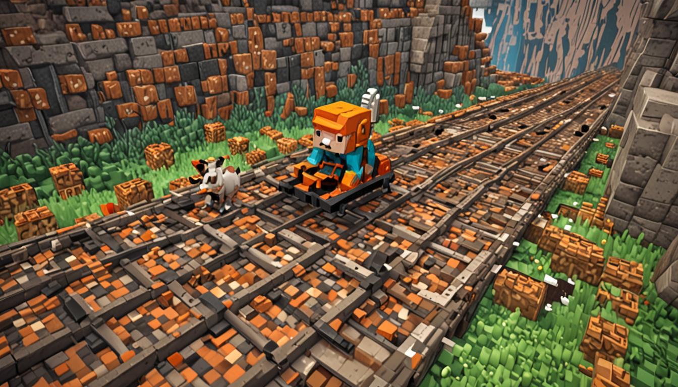 A dynamic Minecraft-style minecart racing scene with blocky, pixelated rails curving through the terrain. Two minecarts speed along parallel iron rail tracks - one contains a blocky Minecraft player character leaning forward intensely, with square arms gripping the cart edges, while the other cart carries an orange and white pixelated fox mob with its distinctive Minecraft blocky features and pointed ears. The starting line area features a blocky humanoid character named Jolene standing beside the tracks with raised cubic arms in a countdown gesture. Motion blur effects streak past the carts showing their high speed, with pixelated wind particle effects rushing horizontally across the scene. The fox's minecart is positioned slightly ahead around a curved section of powered rails that bank into the first turn, showing the competitive nature of the race. The rails are mounted on wooden fence posts and stone blocks, with redstone torches providing speed boosts. The environment features classic Minecraft terrain with cubic grass blocks, stone outcroppings, and distant pixelated trees, all rendered in the signature low-resolution, blocky aesthetic. Dramatic lighting emphasizes the speed and excitement, with the player character's determined posture showing them pushing their cubic body forward in their cart, trying to gain speed on their vulpine competitor.