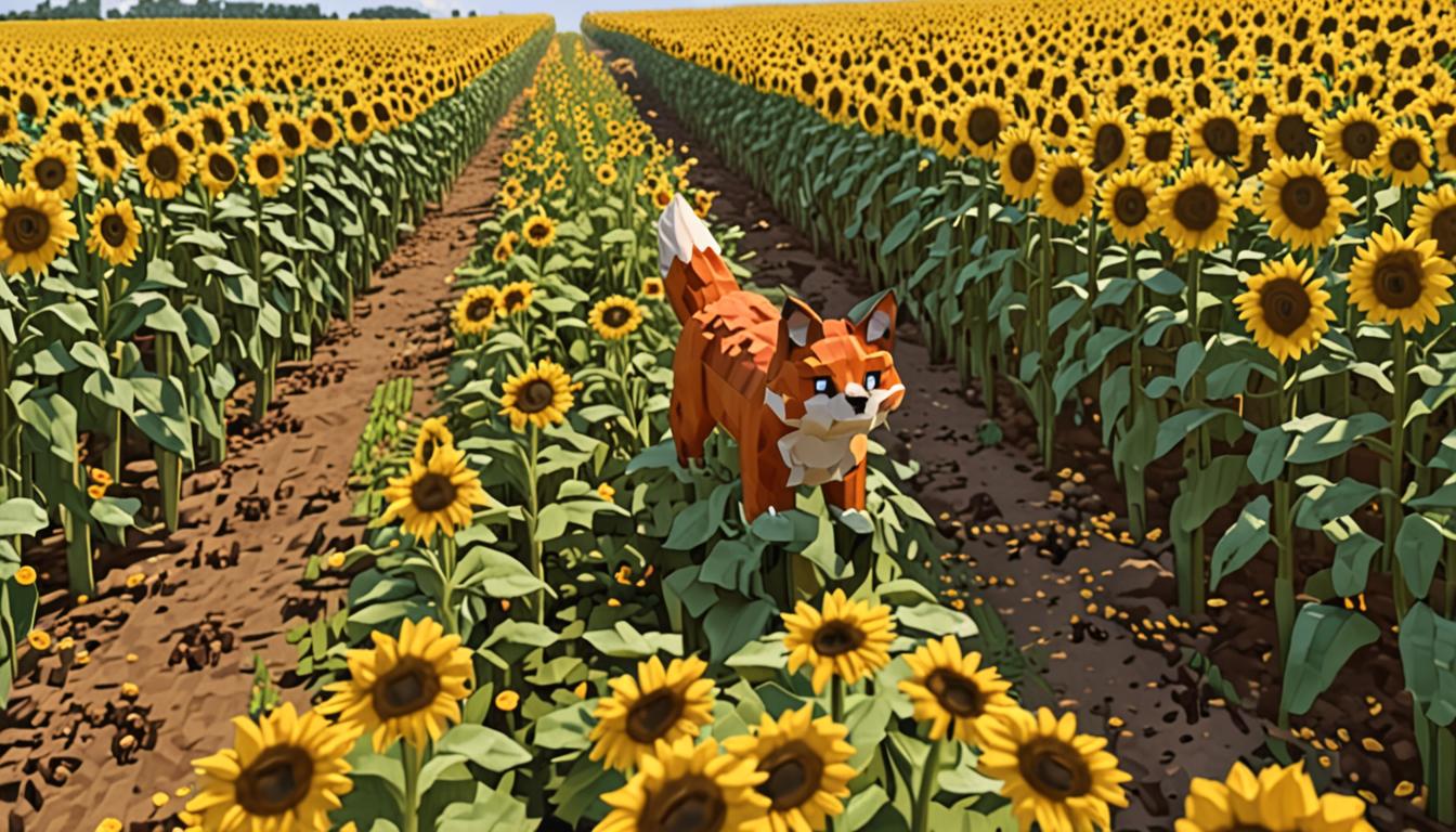 A Minecraft-style blocky, pixelated scene featuring a vibrant sunflower field with tall, cubic yellow sunflowers stretching across the landscape. In the foreground, a small fox mob with distinctive orange and white blocky fur, bright pixelated eyes, and the characteristic Minecraft fox model stands alert among the flowers. A detailed minecart track system winds through the sunflower field, featuring dark oak or iron rails that curve and twist dramatically, with sharp angular turns characteristic of Minecraft's block-based construction. The track includes elevated sections, banked corners, and powered rails creating a challenging racing circuit. A minecart sits ready on the rails, its blocky metal frame gleaming with Minecraft's signature low-poly aesthetic. In the scene, a glowing yellow crystalline shard hovers or rests nearby, emitting soft golden particles and light rays in true Minecraft enchantment style. Several raw cod or salmon fish items are visible, displayed with their flat, pixelated Minecraft item textures. The lighting captures a bright, cheerful daytime atmosphere with Minecraft's distinctive sunlight casting blocky shadows across the terrain, while the sunflowers sway gently, their cubic petals and stems creating a dense, golden maze around the racing track.