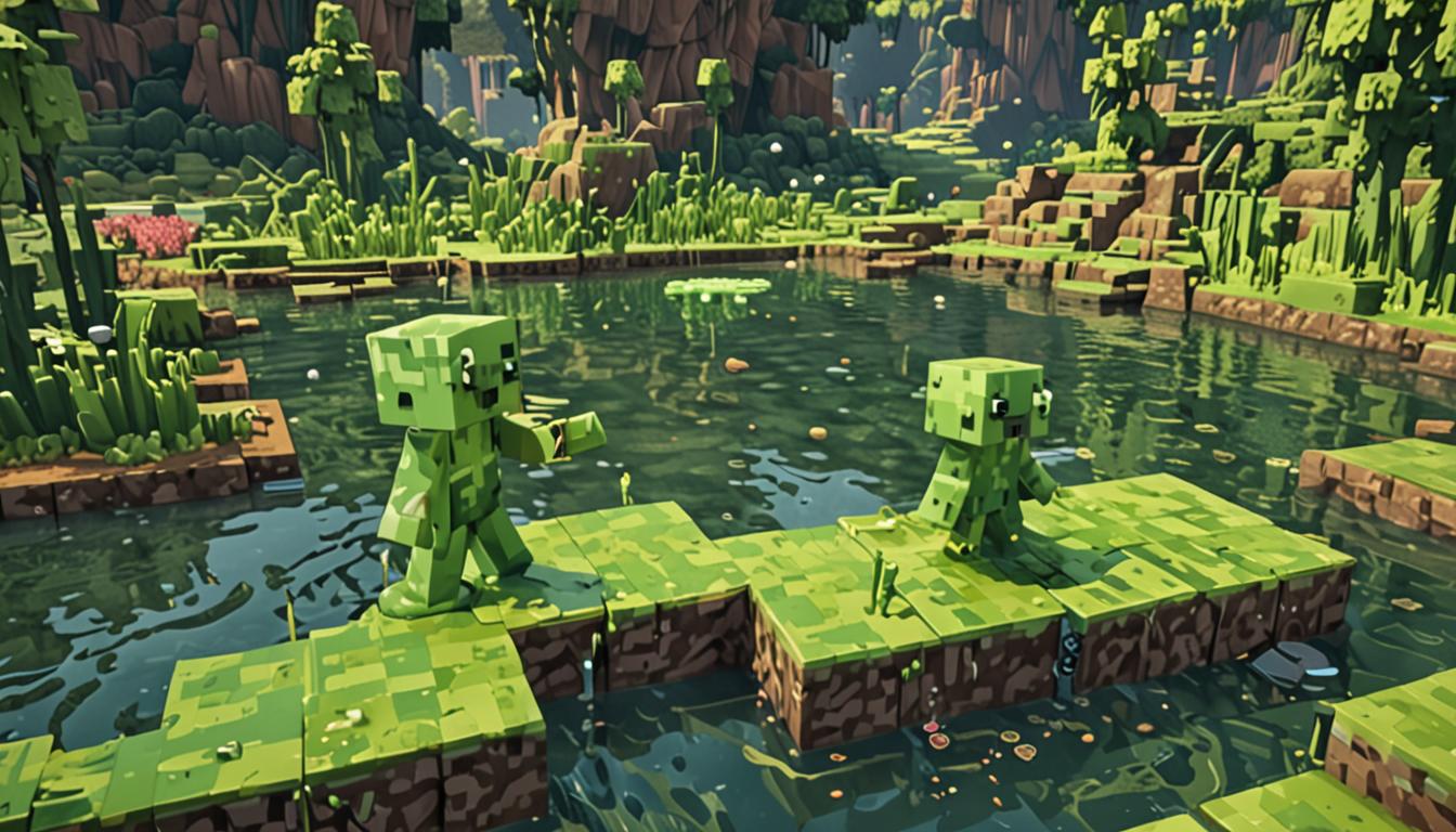 A Minecraft-style blocky scene showing two pixelated player characters, Jolene and a companion, emerging from a vibrant green slime lake with sticky, translucent green slime blocks dripping from their blocky bodies and square heads. The characters have bright green slime coating their blocky armor and hair, with viscous slime puddles at their cubic feet. In the background, distracted hostile mob figures are gathered around what appears to be a contest area. Several friendly cave spider mobs with their characteristic red eyes and fuzzy cubic bodies are approaching the slime-covered players, their blocky legs in mid-motion suggesting a welcoming dance. The cave environment features rough stone block walls with subtle lighting from torches, creating dramatic shadows. The slime lake behind them glows with a luminescent green light, its surface made of bouncy slime blocks with a gelatinous, translucent texture. Small slime particles float in the pixelated air around the characters. The cave spiders have softer, friendlier expressions despite their typically menacing appearance, with their segmented blocky bodies showing detailed pixel textures. The entire scene captures the moment of escape and newfound alliance, with the sticky green slime being the dominant visual element coating everything in sight, creating reflective highlights on the blocky surfaces in true Minecraft fashion.