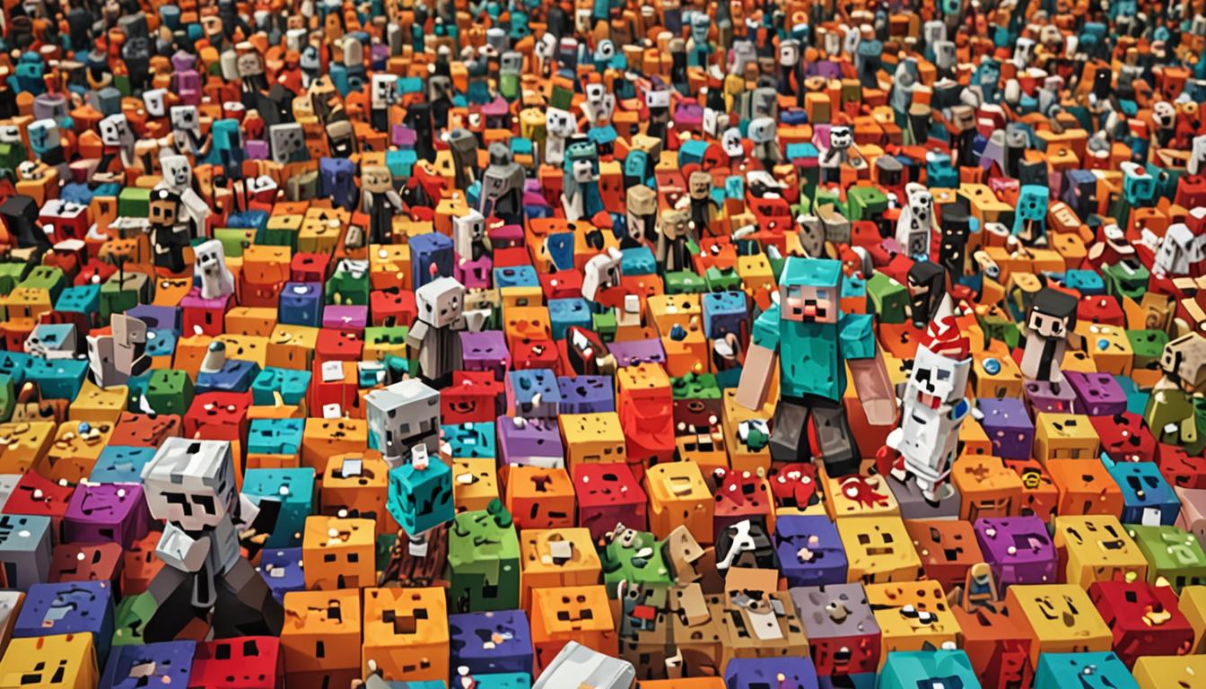 A Minecraft-style blocky, pixelated scene showing two player characters with cubic heads and bodies stuck bouncing in place on colorful wool blocks, their expressions showing frustration mixed with amusement. In the foreground, several festive Minecraft mobs including creepers, zombies, and skeletons are dancing with jerky, animated movements, wearing party hats made of colorful wool blocks. The mobs block a dirt path that leads to a dark oak wood witch's hut with a distinctive pointed roof made of dark oak stairs and slabs, visible in the middle distance among swamp biome vegetation. A glowing green crystalline shard item floats ethereally above the witch's hut, emitting particles of light in the classic Minecraft style. The sky shows a large, blocky sun setting on the horizon, casting orange and pink pixelated rays across the scene, indicating time is running short. In the background, ominous white cobweb blocks are spreading across swamp oak trees and lily pads, creeping toward the scene with an eerie glow. The entire scene is rendered in Minecraft's signature voxel-based, low-resolution aesthetic with sharp edges and pixelated textures. Confetti particles made of tiny colored blocks float through the air around the dancing mobs, and music note particles appear above them. The swamp biome features characteristic dark grass blocks, murky water blocks, and vines hanging from trees, all in the blocky Minecraft style with visible texture patterns.