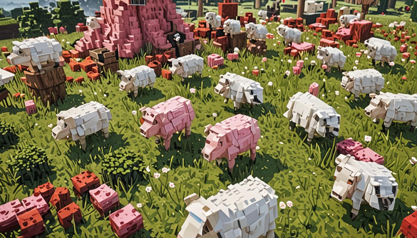 A chaotic and whimsical Minecraft scene featuring multiple mobs engaged in bizarre, swapped behaviors in a blocky, pixelated environment. In the foreground, several cubic Minecraft chickens with their distinctive red combs and white feathered bodies are perched on the backs of pink, rectangular Minecraft pigs, riding them in circular patterns across grass blocks. Nearby, white woolly Minecraft sheep with their characteristic blocky bodies are actively bouncing on translucent green slime blocks, each sheep wearing colorful pixelated flower crowns made of red poppies, yellow dandelions, and blue orchids that rest atop their square heads. A group of green-skinned Minecraft zombies with tattered blue shirts and dark pants perform a synchronized wobbling dance animation, their blocky arms extended outward, mouths open in their signature groaning pose, moving rhythmically together. In the darker areas of the scene, several small cave spiders with their distinctive blue-tinted bodies and eight pixelated legs emerge from shadowy corners, but instead of their usual aggressive stance, these arachnids have drooping postures with half-closed red eyes, appearing exhausted yet attempting to join the dancing festivities. The entire scene is illuminated with warm, colorful lighting suggesting a party atmosphere, with the ground made up of various Minecraft blocks including grass, dirt, and stone, while the background shows the typical Minecraft landscape with its signature cubic trees and distant blocky mountains. Musical note particles float through the air in pixelated form, emphasizing the rhythmic, celebratory chaos of this unusual mob gathering.