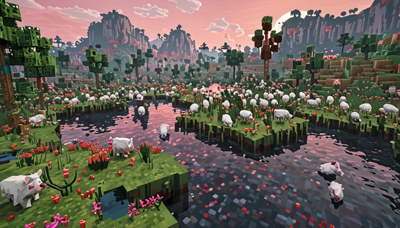 A vibrant Minecraft swamp biome scene at dusk with a large slime lake in the center, its blocky green surface reflecting pixelated lights and colors. Various Minecraft mobs gather around the water's edge - blocky white chickens with their characteristic red combs, pink cubic pigs with flat snouts, and fluffy white sheep with their squared wool bodies. Several pixelated zombies with tattered green skin and dark blue clothing stumble toward the gathering, their blocky arms outstretched. A white skeleton mob with its cubic skull and bow stands near a brown and tan jukebox block that displays musical note particles floating upward in the Minecraft style. The mobs are positioned in dancing poses around the slime lake, creating a festive atmosphere with their blocky bodies tilted and positioned dynamically. The swamp features characteristic dark oak trees with thick cubic trunks, drooping vine blocks, and murky green water blocks. Lily pads float on the water surface as pixelated particles of various colors - reds, blues, yellows, and greens - fill the air above the scene. The lighting creates a warm, cheerful glow across the blocky terrain, with the sky showing the distinctive Minecraft sunset gradient of orange and purple pixels. Mushrooms and tall grass blocks dot the muddy brown and green swamp ground blocks, while slime particles bounce gently near the lake's surface, adding to the chaotic yet joyful celebration atmosphere of this unusual mob gathering.