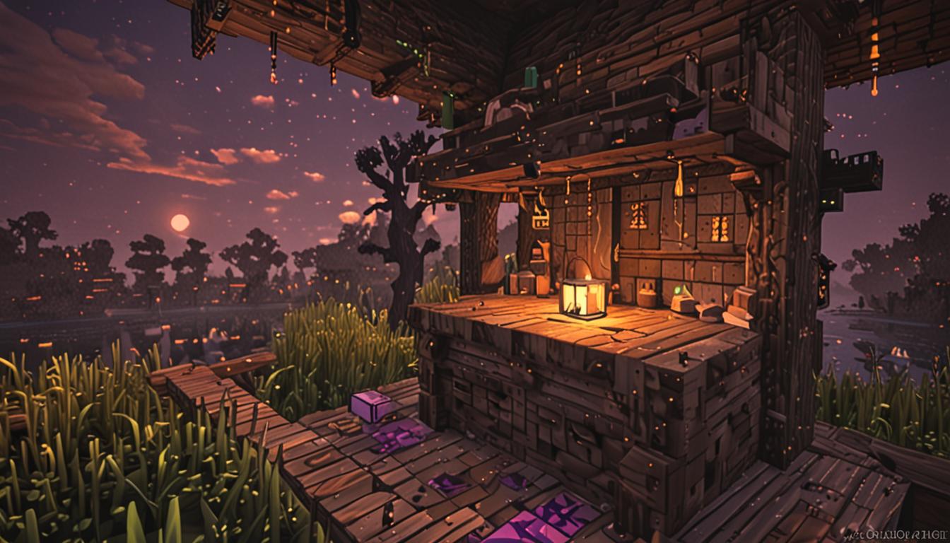 A Minecraft blocky witch's hut constructed from dark oak wood planks and spruce logs, situated in a murky swamp biome at sunset with orange and purple pixelated sky. Inside the dimly lit hut, a glowing bright green crystalline shard sits prominently on a wooden shelf, emanating emerald-colored light particles in true Minecraft style. The shelf is surrounded by several dusty glass potion bottles in various colors - purple, orange, and blue - with cork stoppers, all rendered in the characteristic blocky Minecraft aesthetic. A wooden crafting table sits in the corner, and a brewing stand with bubble particles is visible nearby. Through the hut's small window, the last rays of blocky sunset light stream in, creating dramatic lighting contrast with the glowing Green Shard. The shard itself is angular and geometric, made of translucent green cubic crystals that pulse with magical energy. Cobwebs stretch across the wooden beams of the ceiling, and a cauldron filled with green liquid bubbles in the background. The entire scene captures the mystical, adventurous atmosphere of an Endgame quest, with the prized Green Shard as the focal point, rendered in perfect Minecraft pixelated block style with distinct edges and cube-based geometry throughout.