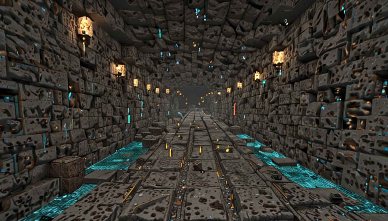 A deep underground Minecraft cave scene rendered in classic blocky, pixelated style with stone and cobblestone walls stretching into darkness. The cave tunnel descends steeply downward with rough-hewn stone blocks, exposed iron ore blocks with brown speckles, coal ore blocks with black spots, and diamond ore blocks with cyan sparkles embedded in the gray stone walls. Flickering orange-yellow Minecraft torches are placed along the cave walls at regular intervals, casting warm cubic light particles that illuminate the immediate surroundings while deep shadows fill the distant tunnels. Water source blocks drip downward in pixelated streams from the stone ceiling, creating small puddles on the cave floor with characteristic Minecraft water animation and blue transparent cubic texture. Several black pixelated bats with small blocky wings fly through the air, their cubic bodies silhouetted against the torch light. In the scene's focal point, a mysterious glowing purple crystalline shard object sits embedded in the deepest part of the cave wall, emitting purple particle effects and an ethereal violet glow that contrasts with the warm torch light. The atmosphere is mysterious and adventurous, with layers of stone blocks creating depth, stalagmites rising from the cave floor in blocky formations, and the classic Minecraft lighting system creating dramatic contrast between lit and shadowed areas of the underground cavern system.