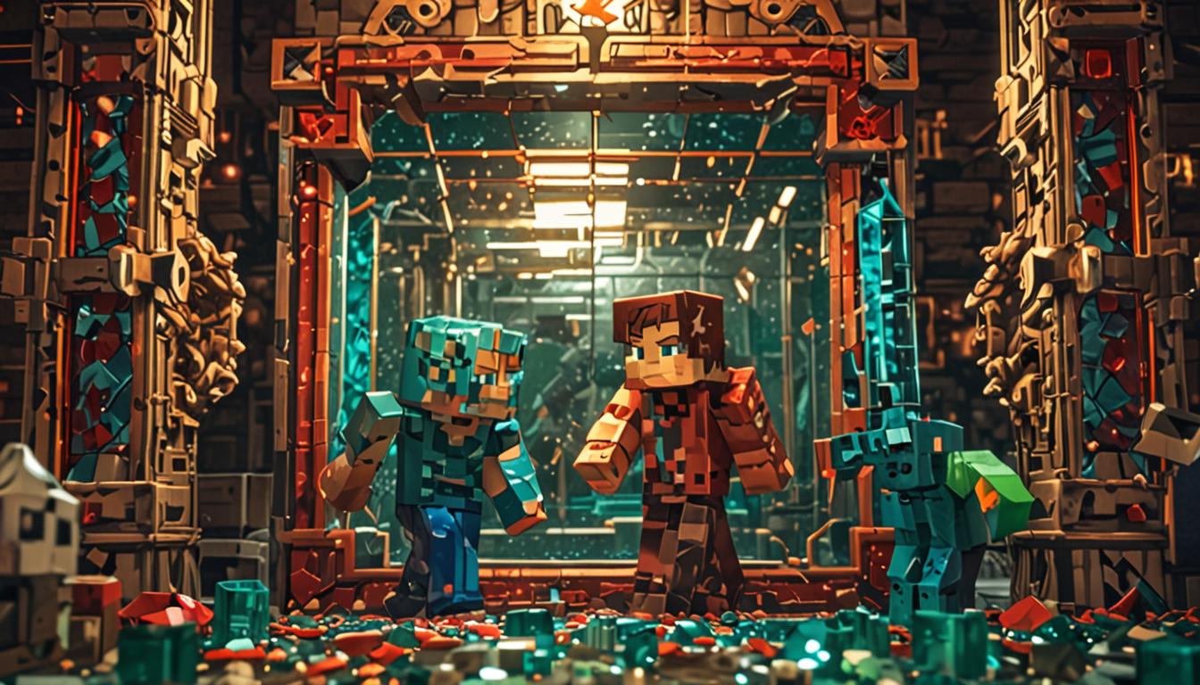 A detailed Minecraft-style BLOCKY scene showing two blocky, pixelated player characters with cubic heads and bodies working together on a large, ornate mirror frame in a dimly lit crafting chamber. The mirror is composed of multiple colorful glass-like shards being assembled piece by piece - vibrant blue crystalline blocks connecting to deep red stained glass fragments, which connect to emerald green glass pieces. Each shard has a distinct blocky, pixelated texture with glowing edges that emit soft magical particles. The shards float slightly as they're being fitted together, creating a puzzle-like arrangement within an obsidian or dark stone frame decorated with purple End-themed accents and glowing enchantment symbols.