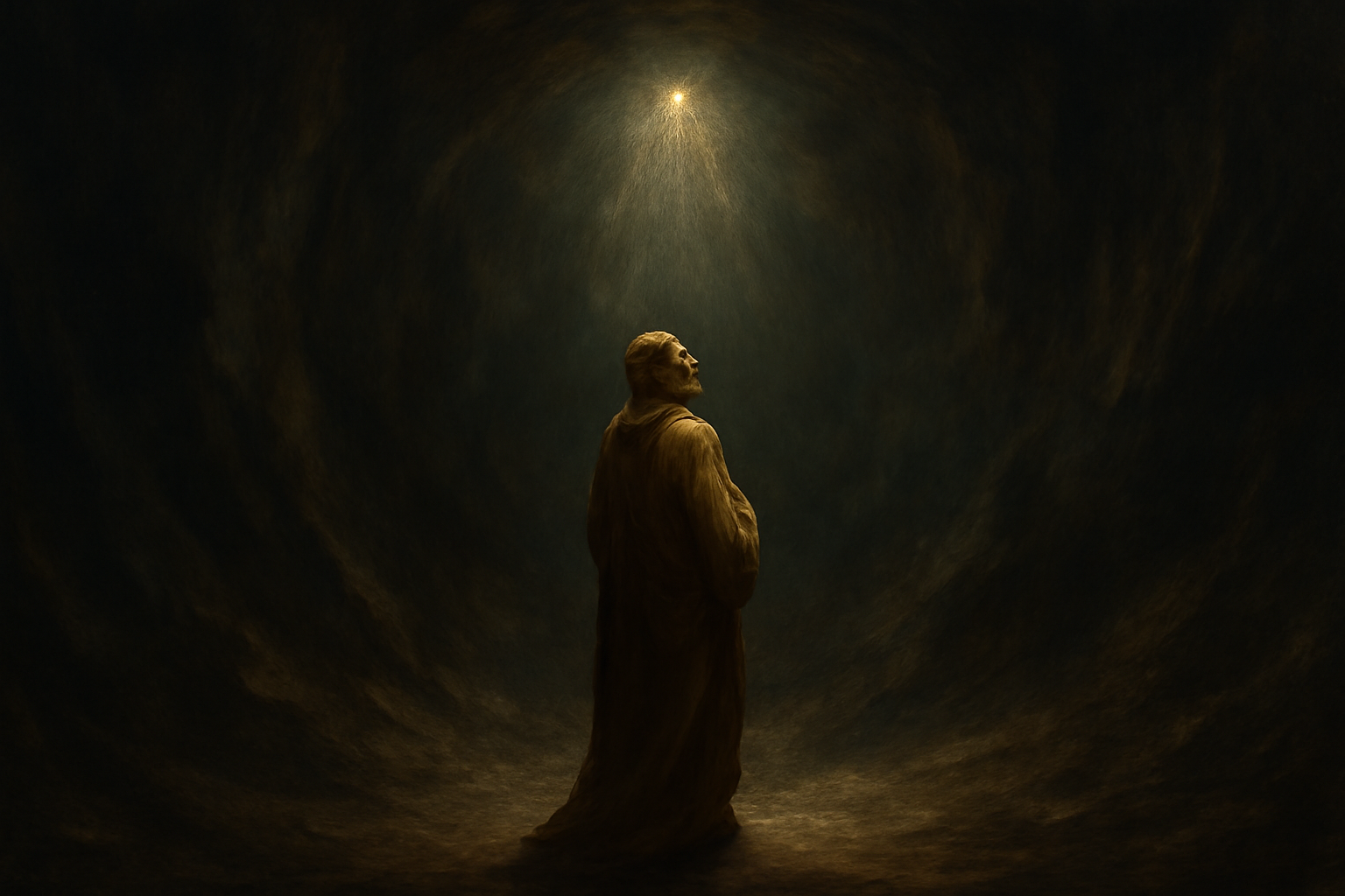 A figure at the lowest point of Hell looking upward toward distant stars — the spiritual turning point in Dante's Inferno
