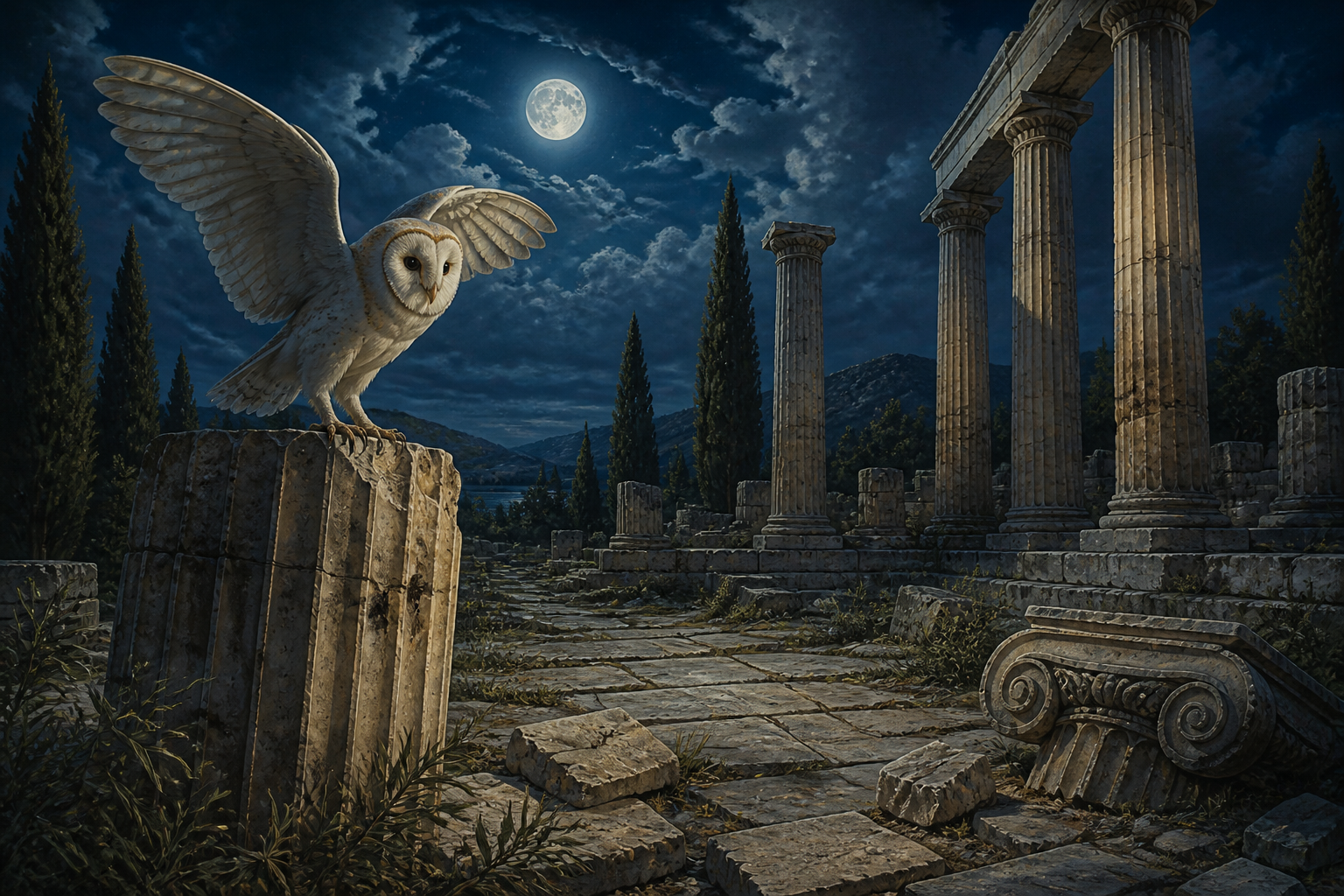 Owl perched on a broken marble column among moonlit classical ruins
