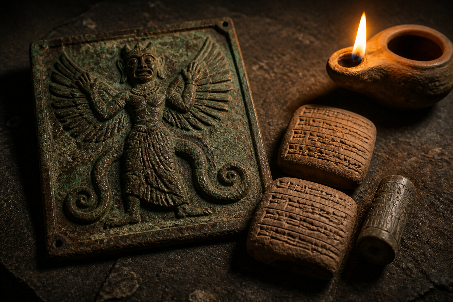 Ancient Mesopotamian bronze amulet plaque and cuneiform tablets lit by oil lamp