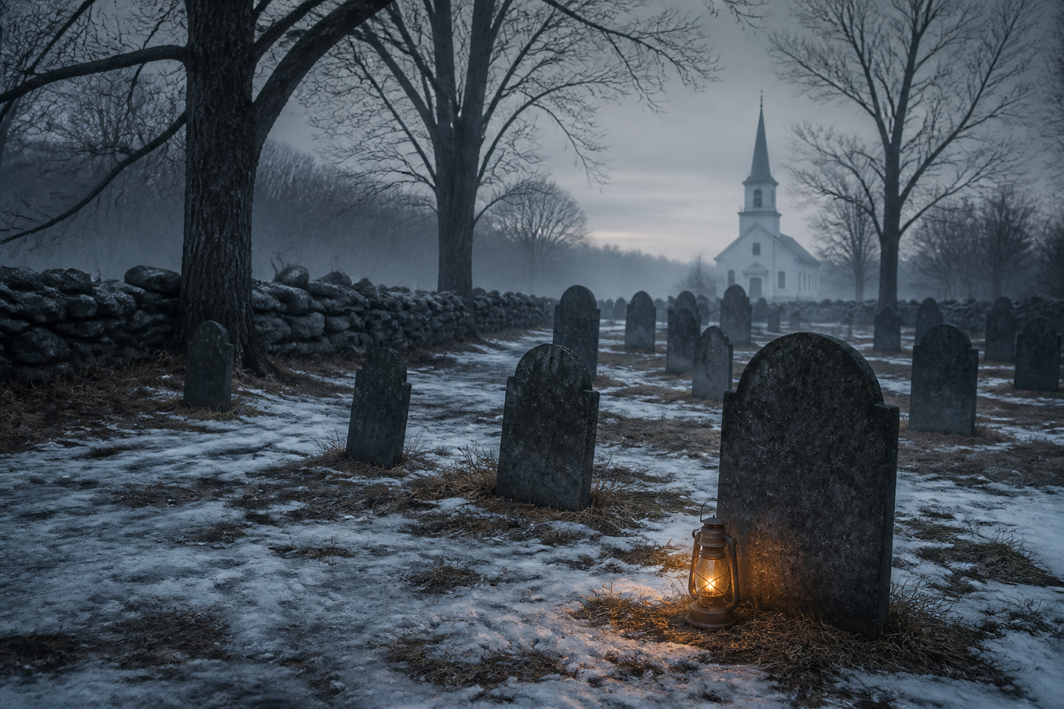 Snow-covered nineteenth-century New England graveyard with slate headstones and bare trees at dusk