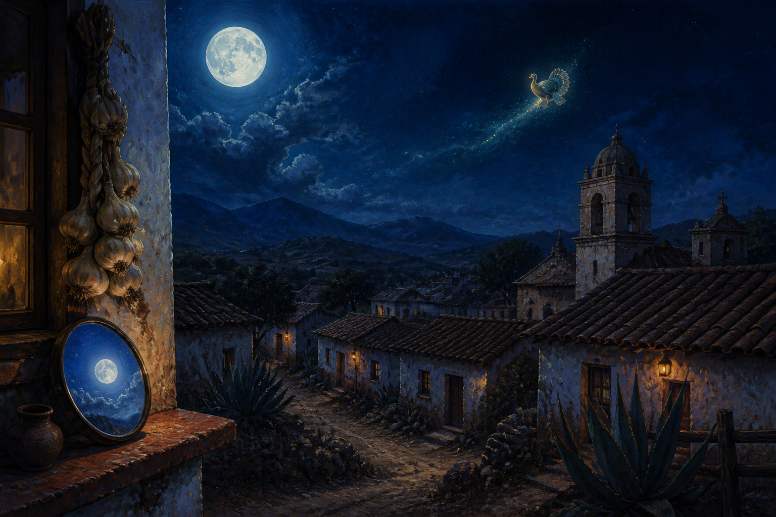 Moonlit adobe village in rural Tlaxcala with a glowing bird silhouette above the rooftops